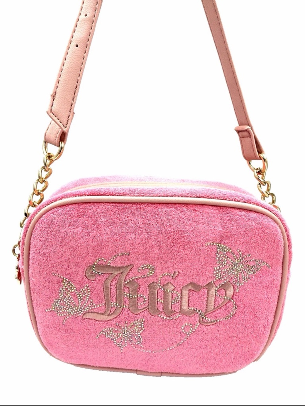 Juicy Couture Pink Terry Cloth Crossbody with Rhinestone Butterflies